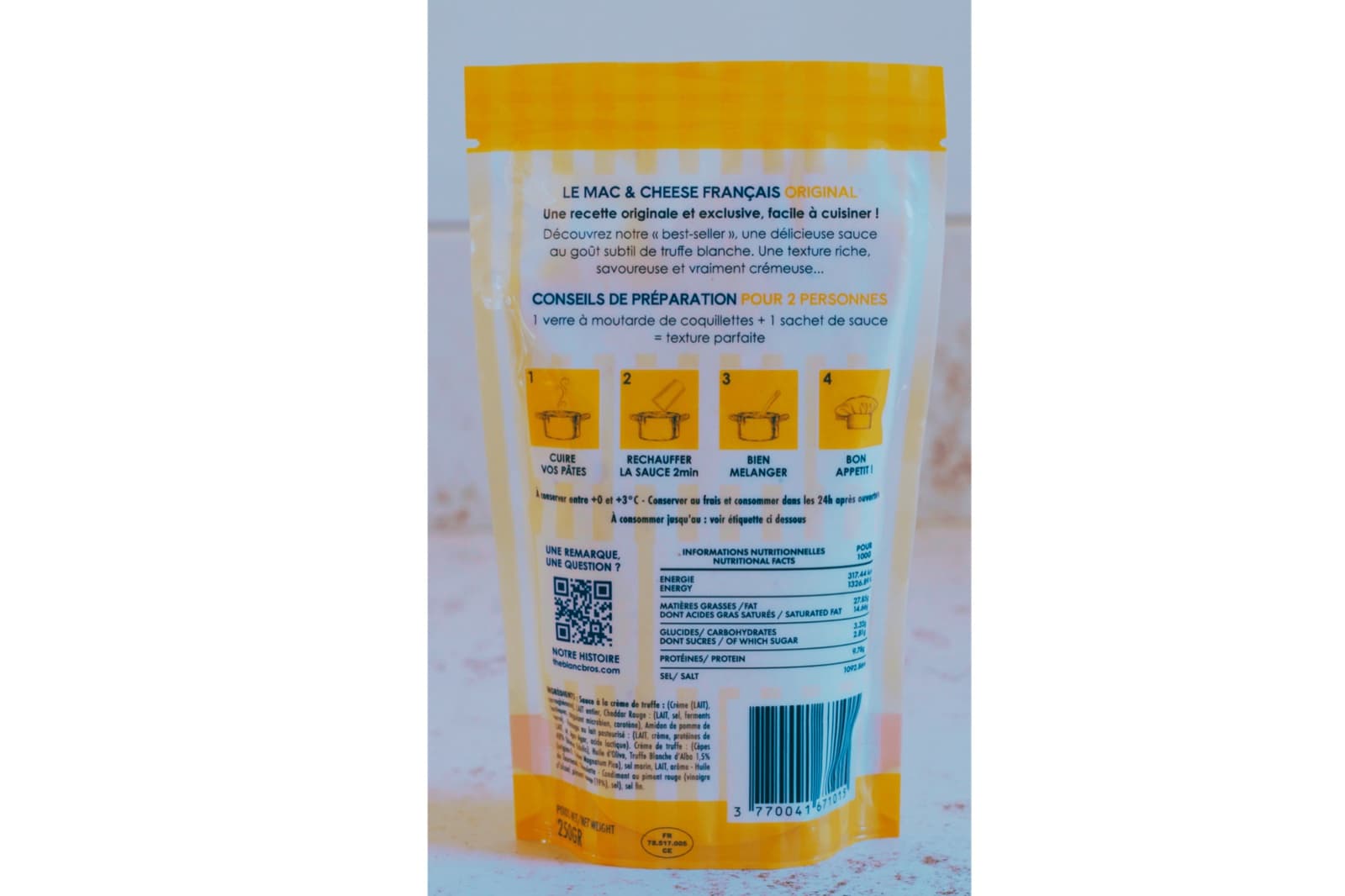 Dos du packaging du doypack de sauce, conseils de préparation et informations nutritionnelles