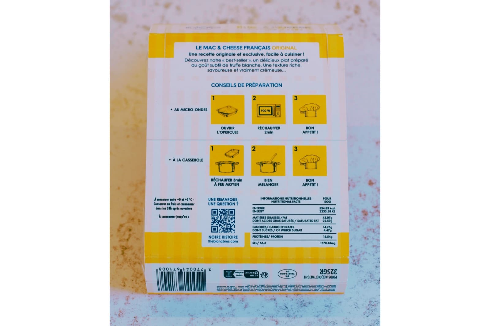 Dos du packaging du plat prêt à réchauffer, conseils de préparation et informations nutritionnelles